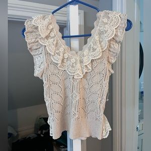 Zara White V Neck Lace Knit Blouse